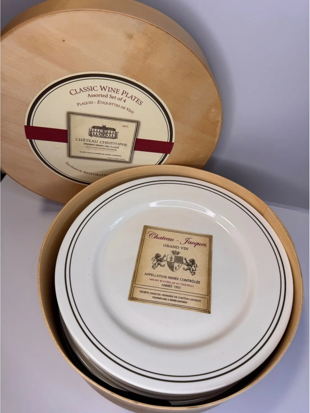 4 Classic Wine Plates by Restoration Hardware with Wooden Storage Box